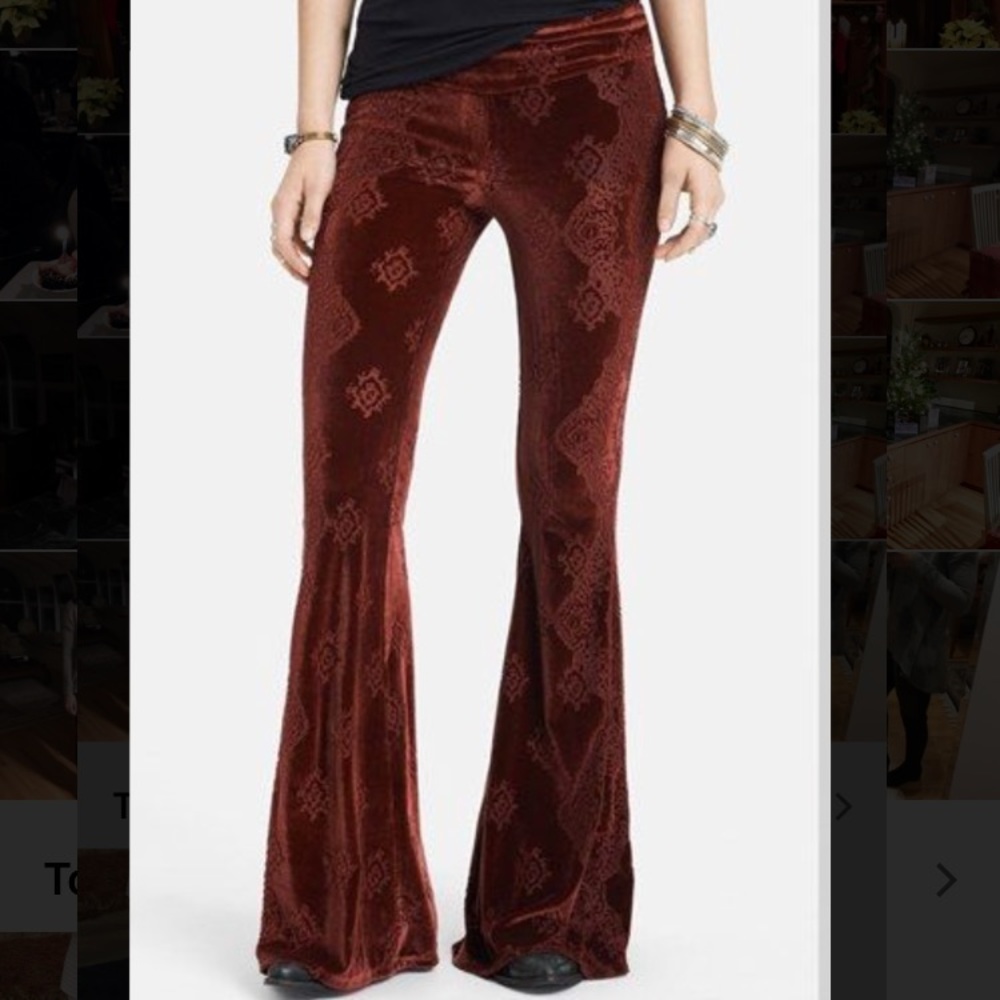 Free People Patterned Velvet Flare Pants in Wine